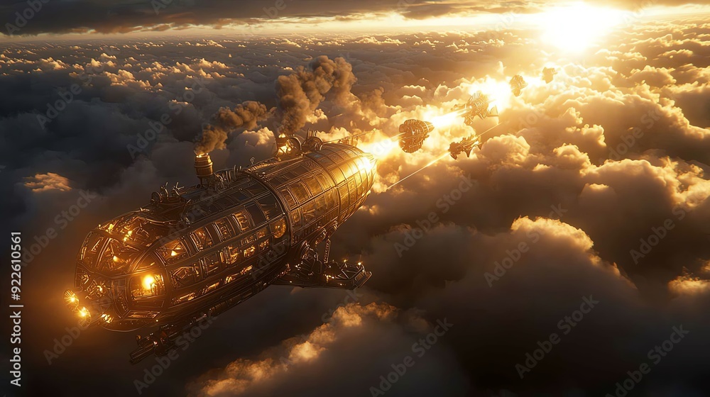 Obraz premium Image of a steampunk airship soars through the clouds at sunset.