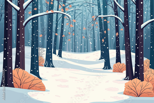 A snowy forest with trees covered in snow and leaves