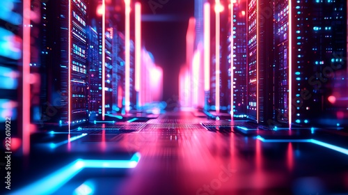 Futuristic technology hub with neon-lit skyscrapers with vertical racks and glowing lights be advanced data centers.