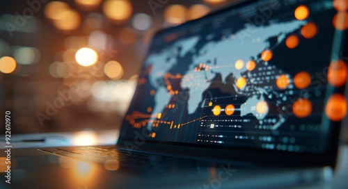 Global Data Visualization On Laptop Screen At Night