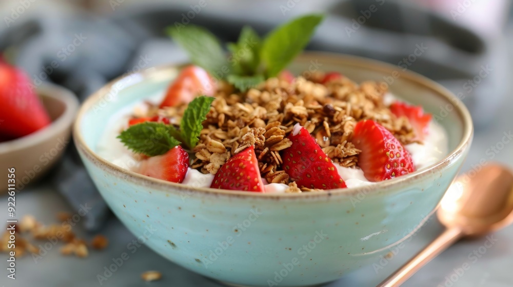 Fresh Yogurt Bowl Topped With Strawberries and Granola in a Bright Kitchen Fresh Yogurt Bowl Topped With Strawberries and Granola in a Bright Kitchen