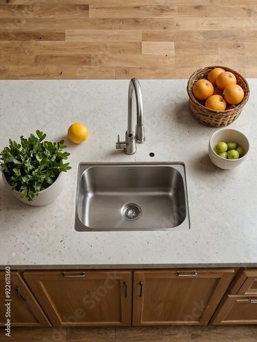 A kitchen counter with a sink,orange and herbs.Vertical and top view.