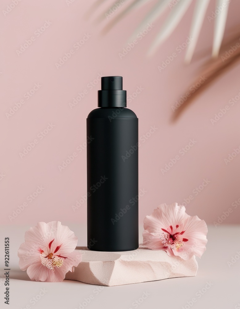 Elegant black spray bottle showcased with soft pink hibiscus flowers on a delicate stone stand against a serene pastel backdrop, embodying beauty and luxury. Elegant black spray bottle showcased with soft pink hibiscus flowers on a delicate stone stand against a serene pastel backdrop, embodying beauty and luxury.