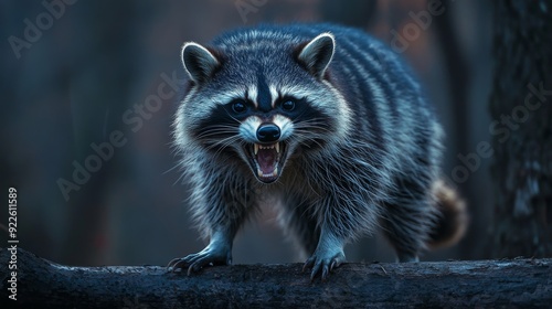 A raccoon is standing on a log and appears to be angry. The image has a dark and moody atmosphere