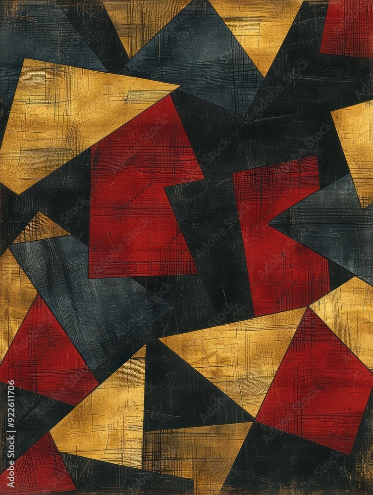 Fototapeta premium Geometric shapes in red, black, and gold overlap and intersect on a textured canvas