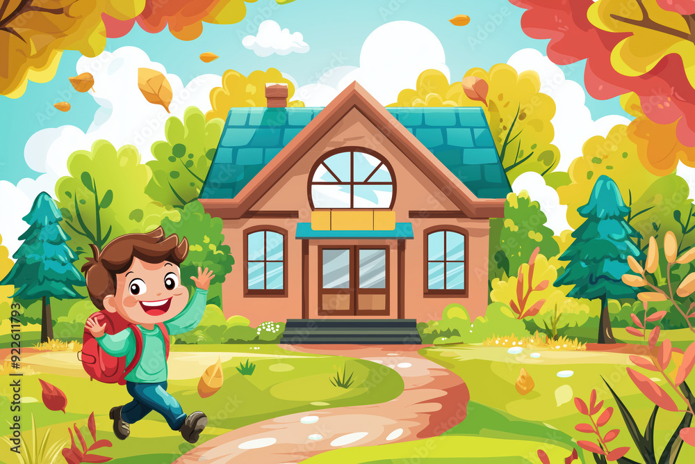 Naklejka premium A boy is running towards a house with a green roof