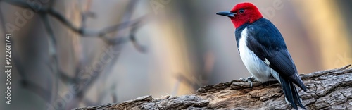 A red-headed woodpecker is sitting on a tree