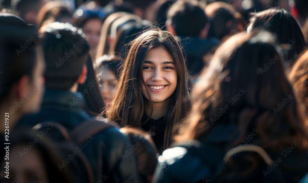 Smiling young woman with long hair stands out in a crowd, radiating positivity and confidence Smiling young woman with long hair stands out in a crowd, radiating positivity and confidence