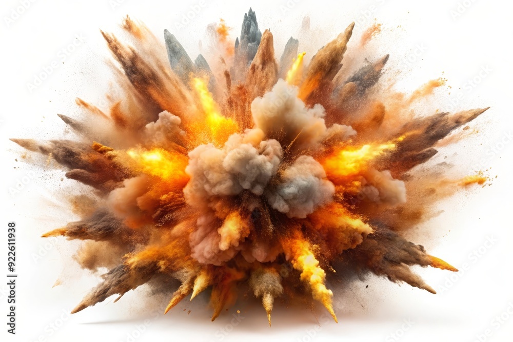 An isolated explosion with vibrant orange and yellow flames, thick white smoke, and brown debris radiating outward. It symbolizes energy, chaos, power, destruction, and transformation.