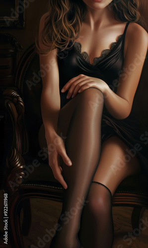 Close-up of a woman in elegant lingerie and stockings sitting gracefully, highlighting sensuality and sophistication