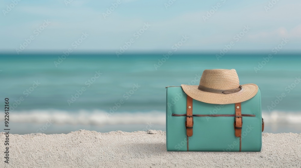 Naklejka premium A blue suitcase with a straw hat on top of it is sitting on the beach