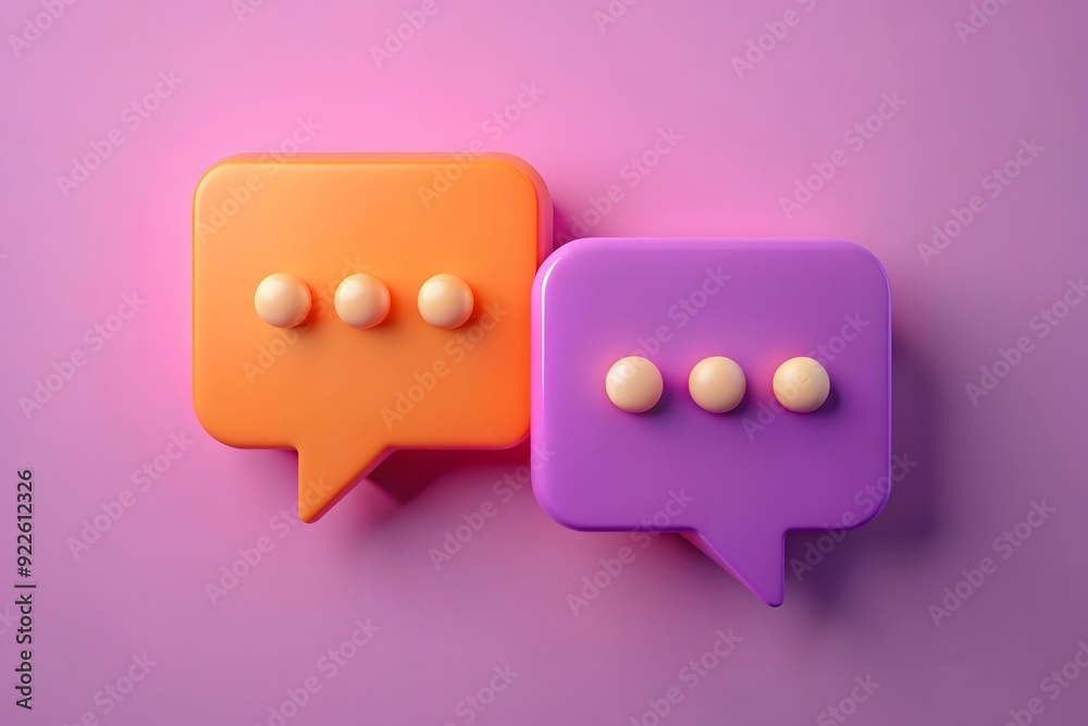 Blank speech icon dialog bubble isolated on pink 3d background with two blue, pink message speak symbol or communication talk chatting balloon sign and social chat dialogue button simple conversation
