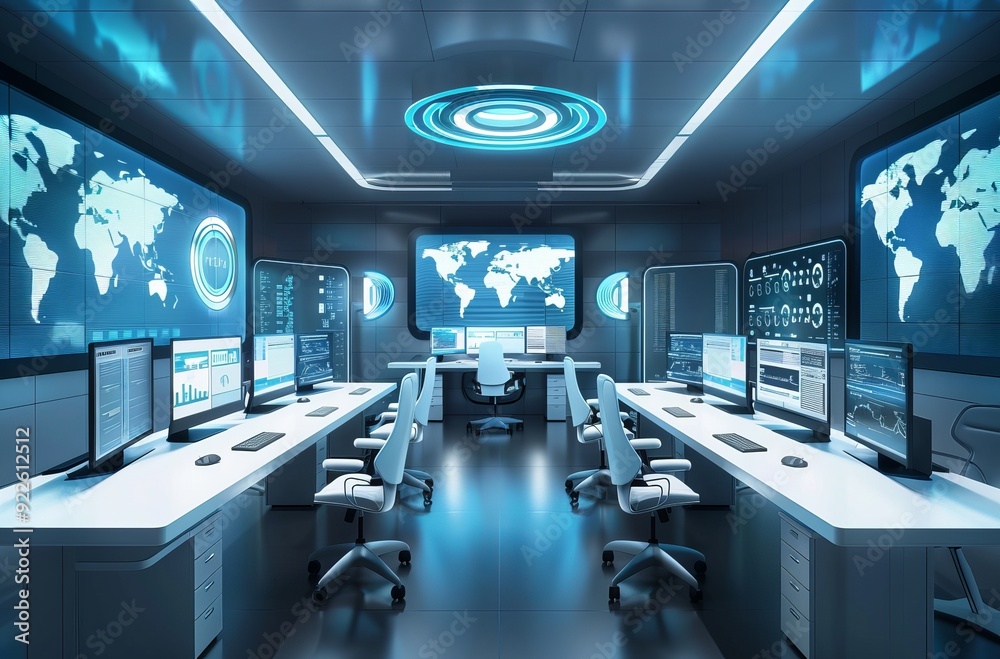 room with chairs and table A futuristic control room with multiple monito interior with computers Futuristic office with augmented reality interfaces room with chairs and table A futuristic control room with multiple monito interior with computers Futuristic office with augmented reality interfaces