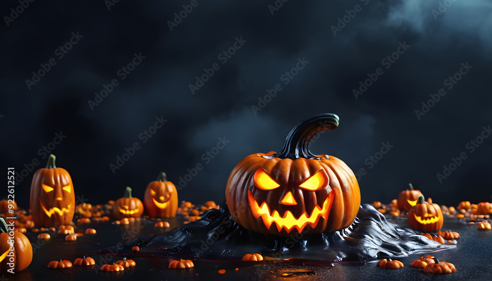 Naklejka premium A spooky Halloween scene featuring a carved pumpkin with a menacing face, glowing orange eyes and sharp teeth.