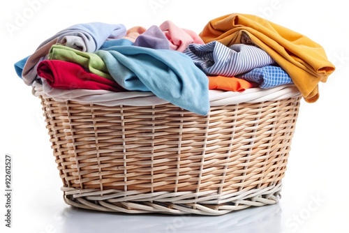 A wicker laundry basket filled to the brim with a colorful assortment of clothes, representing the concept of housework, domestic chores, organization, and a busy household.