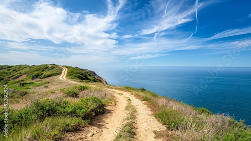 A road winds its way up a hillside, leading to a beautiful ocean view