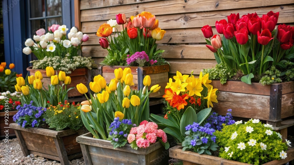 Fototapeta premium A vibrant display of spring flowers in wooden planters, showcasing tulips, daffodils, and other blooms in a variety of colors. The scene evokes a sense of beauty, growth
