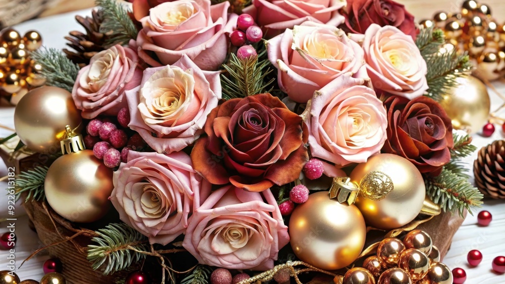 Fototapeta premium A stunning arrangement of pink and red roses adorned with golden ornaments, symbolizing love, celebration, elegance, and the festive spirit of Christmas.