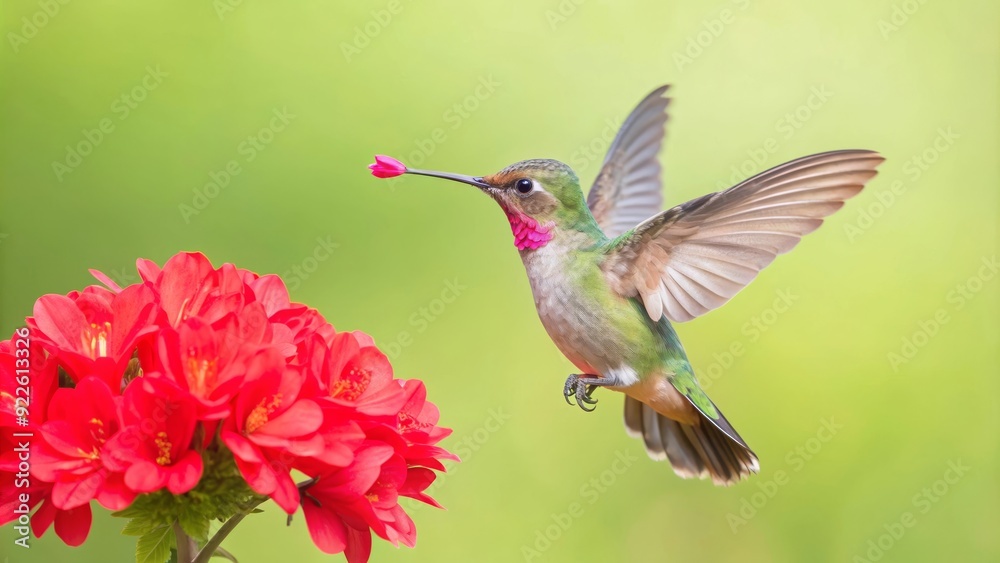 Fototapeta premium A vibrant hummingbird hovers in mid-air, its long beak extended to reach a delicate flower. The hummingbird's iridescent plumage shimmers in the sunlight