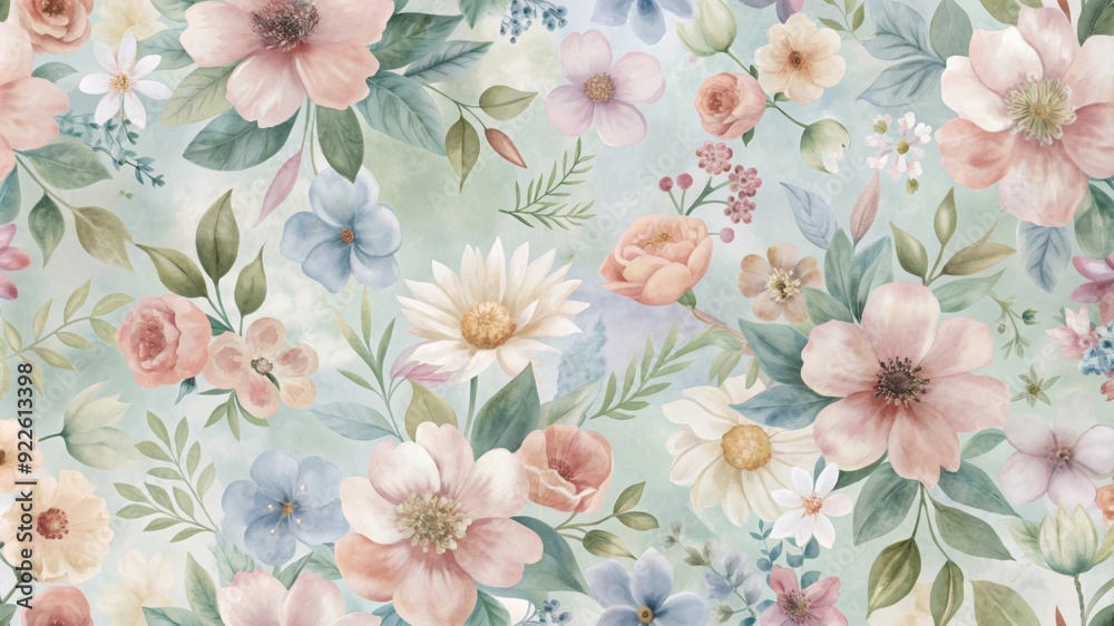 A delicate and romantic floral pattern featuring a variety of pink, white, and blue flowers on a soft mint green background, symbolizing beauty, tranquility, spring, nature, and growth. A delicate and romantic floral pattern featuring a variety of pink, white, and blue flowers on a soft mint green background, symbolizing beauty, tranquility, spring, nature, and growth.