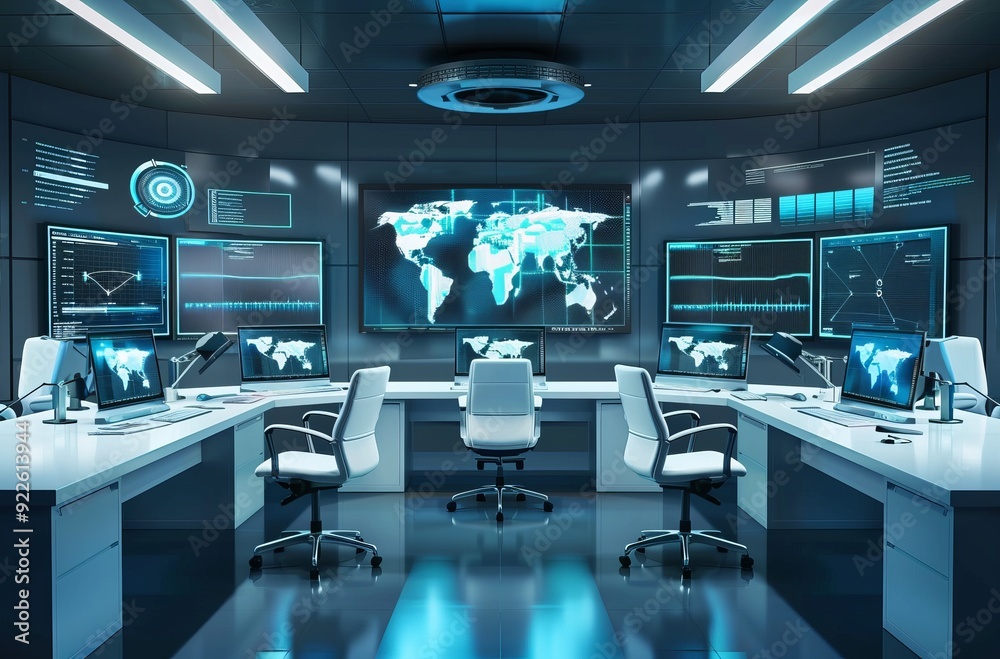 room with chairs and table A futuristic control room with multiple monito interior with computers Futuristic office with augmented reality interfaces 