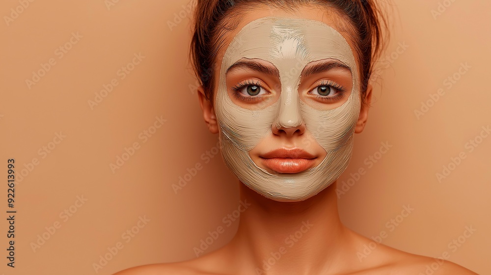 woman with facial mask on her head on pink background