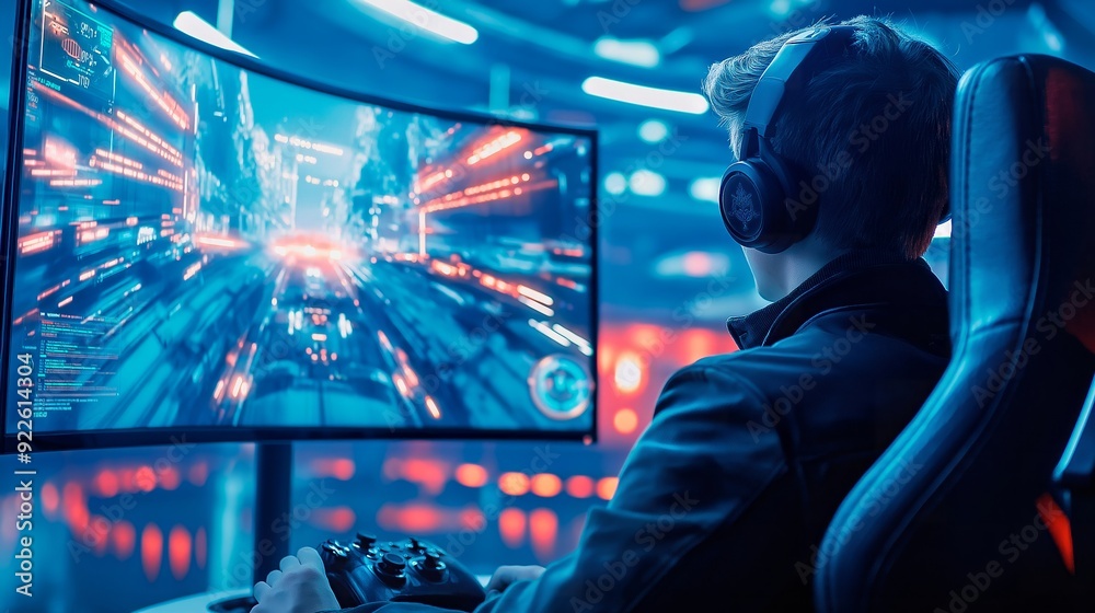 gamer sits in front of a large monitor