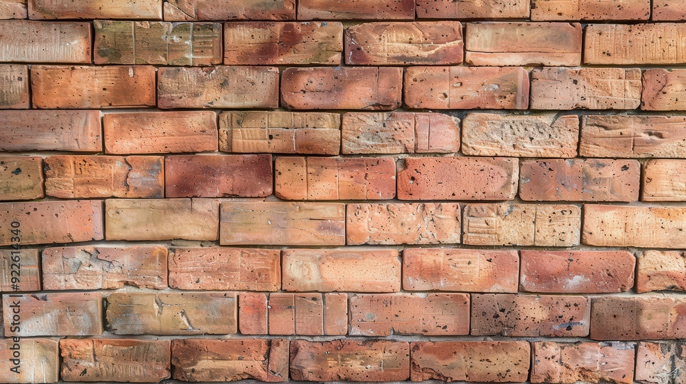 Naklejka premium A close-up view of a textured brick wall showcasing various shades and patterns.