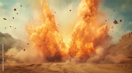 A massive and powerful explosion creates a large cloud of dust and debris in a vast, arid desert landscape photo