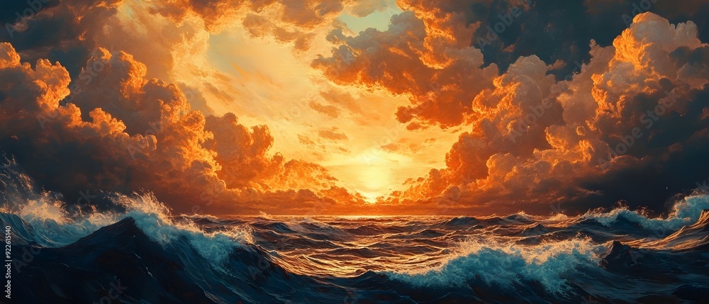 Fototapeta premium Majestic Sunset Over Turbulent Sea - Dramatic Sky and Waves. Generative AI