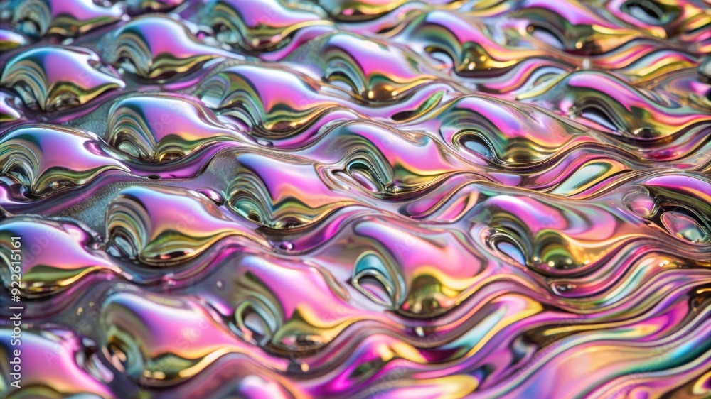 Naklejka premium Abstract close-up of a wavy, iridescent surface, symbolizing fluidity, movement, light, and reflection.