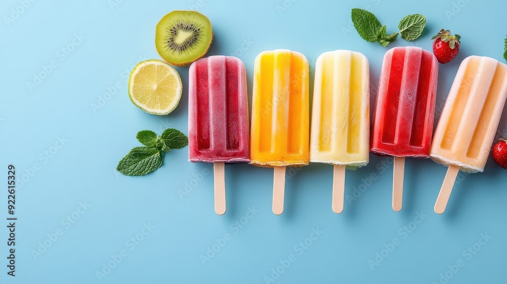Rainbow of fruit popsicles arranged in gradient pattern, symbolizing healthy refreshment. Rainbow of fruit popsicles arranged in gradient pattern, symbolizing healthy refreshment.