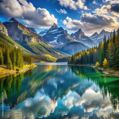 Tranquil mountain lake reflecting autumn clouds and lush forests. Generative AI