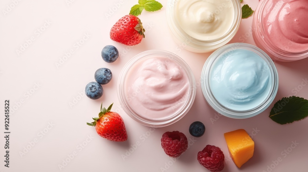 Close-up of dairy-free yogurts in glass jars with fruit flavors. Close-up of dairy-free yogurts in glass jars with fruit flavors.