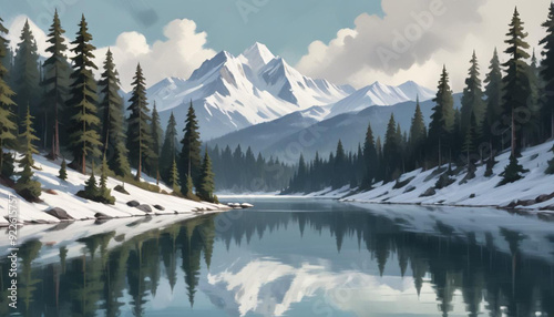 A serene mountain landscape with a calm lake reflecting the snow-capped peaks and evergreen forests 