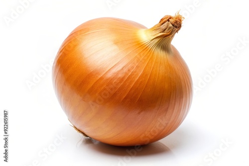 A single yellow onion, fresh and whole, sits on a clean white background, symbolizing culinary versatility, natural goodness, simple ingredients, flavor, and health.