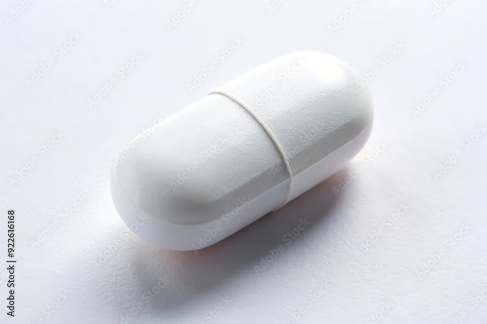 A single white capsule pill rests on a plain white background, symbolizing medicine, healthcare, treatment, wellness, and health. A single white capsule pill rests on a plain white background, symbolizing medicine, healthcare, treatment, wellness, and health.