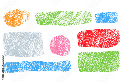 Wax chalk texture doodles in simple shapes. Set elements imitating a children's drawing. Doodle abstract figures. Vector illustration.