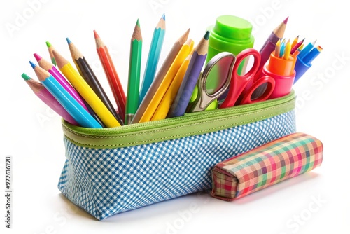 A blue and green pencil case filled with colorful pencils, scissors, and a glue stick, representing creativity, education, learning, and back to school.