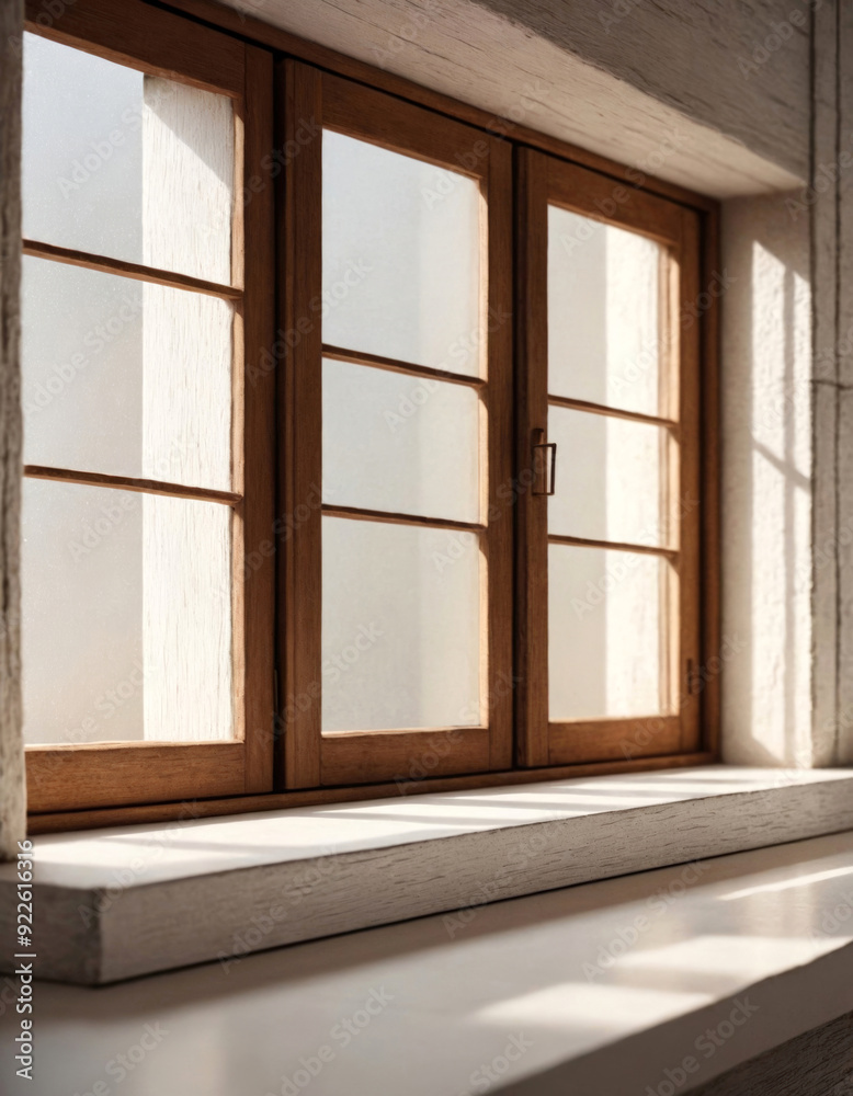 Fototapeta premium White Wooden Windowsill with Brown Window - Product Display Area