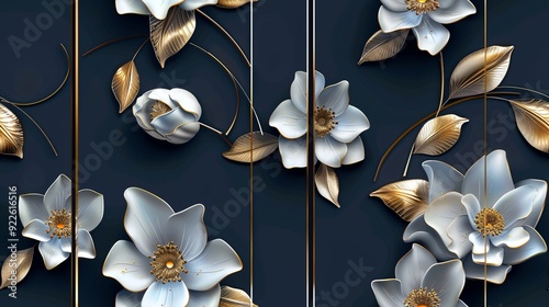 Fototapeta Naklejka Na Ścianę i Meble -  Elegant triptych floral wall art, 3d white flowers with golden leaves on dark blue background, seamless pattern. Generative AI