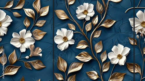 Fototapeta Naklejka Na Ścianę i Meble -  Elegant triptych floral wall art, 3d white flowers with golden leaves on dark blue background, seamless pattern. Generative AI