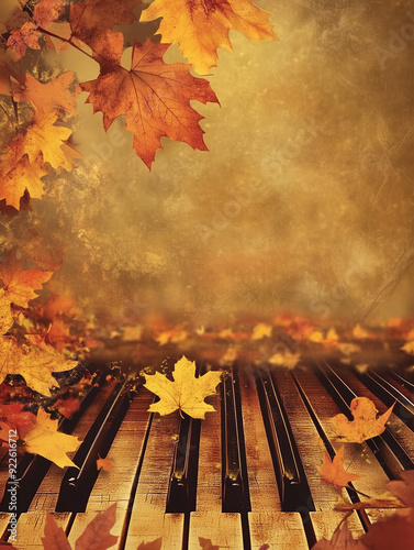 piano concert poste background. keyboard is delicately adorned with golden autumn leaves, creating a harmonious blend of music and nature. The warm, textured background enhances the seasonal charm. AI