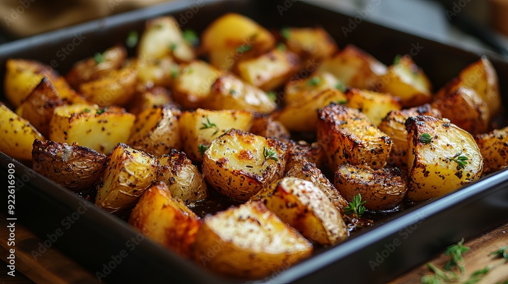 Crispy roasted potatoes with herbs in a black baking dish on wooden table Crispy roasted potatoes with herbs in a black baking dish on wooden table