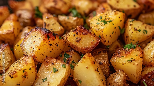 Crispy roasted potatoes garnished with herbs next to a dark background