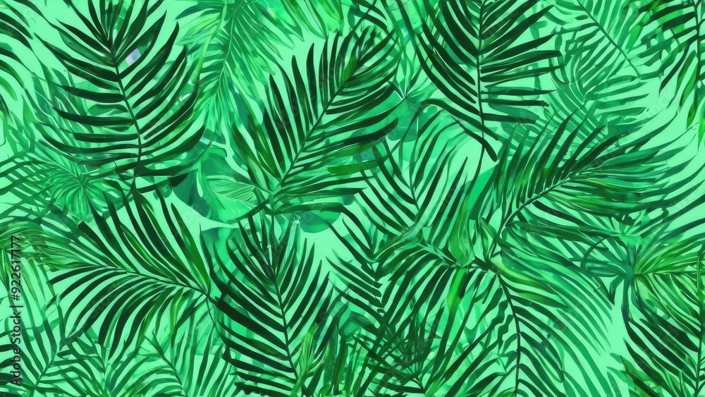 An intricate pattern of overlapping green palm fronds, capturing the lush and serene atmosphere of a tropical paradise An intricate pattern of overlapping green palm fronds, capturing the lush and serene atmosphere of a tropical paradise