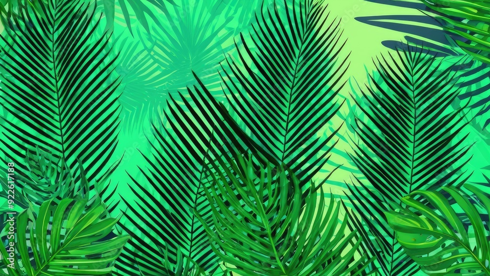 A close-up of vibrant green palm leaves layered together, showcasing the rich textures and natural beauty of tropical foliage A close-up of vibrant green palm leaves layered together, showcasing the rich textures and natural beauty of tropical foliage
