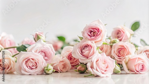 A cluster of soft pink roses lie scattered on a pristine white marble surface, symbolizing beauty, love, fragility, nature, and elegance.