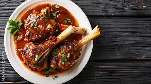 Lamb shank stew with vegetables and herbs on a plate on a black wooden table photo