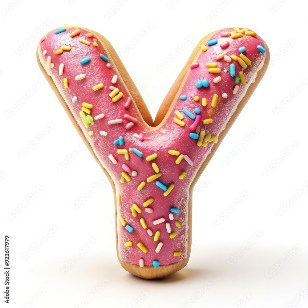 Pink donut shaped like the letter Y sits on a white background. Generative AI Pink donut shaped like the letter Y sits on a white background. Generative AI